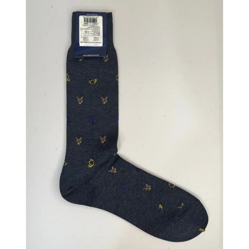 Polo Ralph Lauren Charcoal Gray Cotton Blend Dress Socks Fox Hunt Horn Print VTG